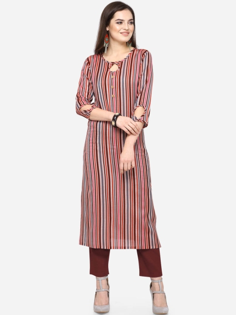 

Kvsfab Women Grey & Maroon Striped Straight Kurta