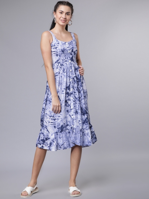 

Tokyo Talkies Women Blue Printed Fit and Flare Dress