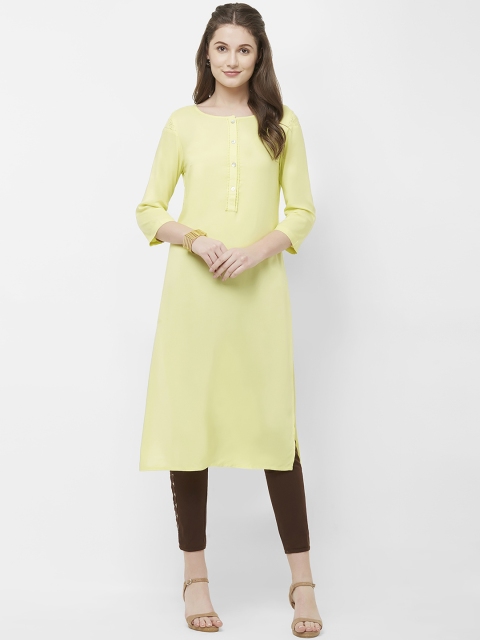 

Naari Women Pastel Yellow Solid Straight Calf-Length Kurta