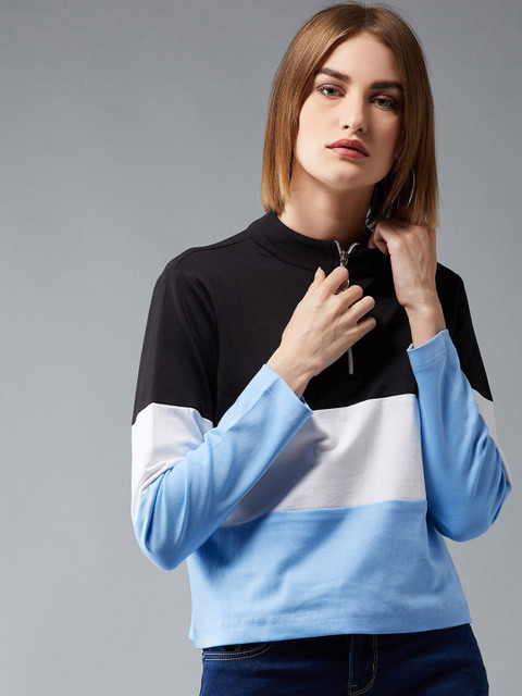 

DOLCE CRUDO Women Blue & White Colourblocked Sweatshirt