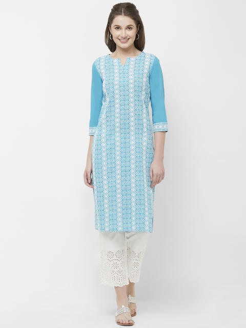 

Naari Women Blue & White Embroidered Straight Pure Cotton Kurta