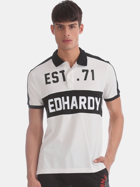 

Ed Hardy Men White & Black Printed Polo Collar T-shirt