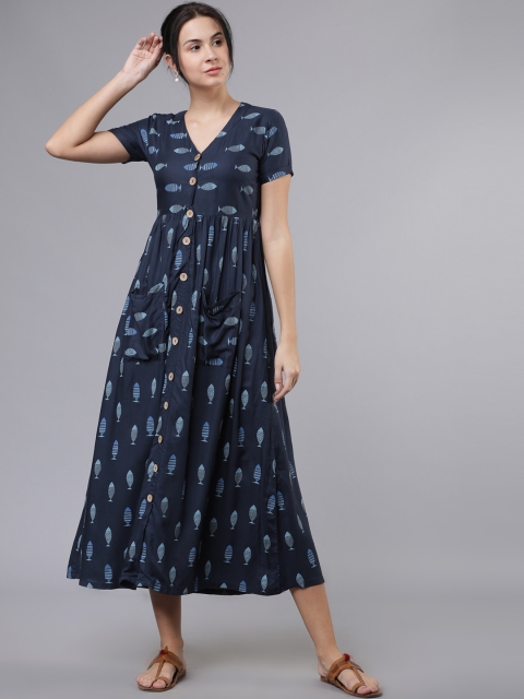 

Vishudh Women Navy Blue Fish Printed Fit and Flare Dress
