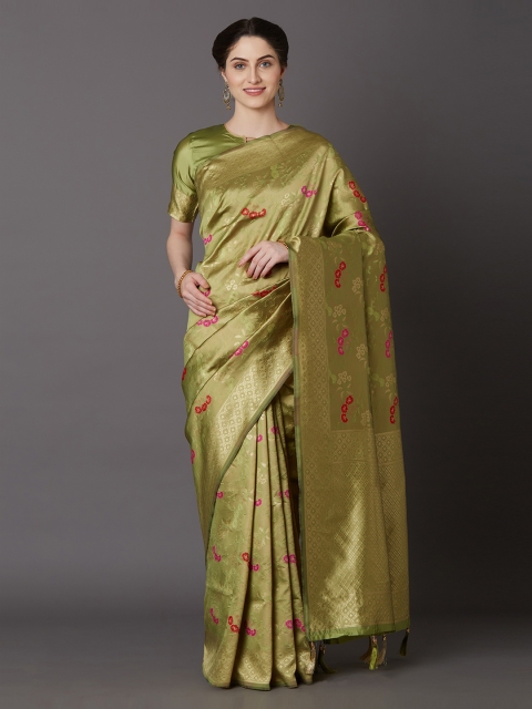 

Mitera Olive Green & Gold-Coloured Silk Blend Woven Design Kanjeevaram Saree