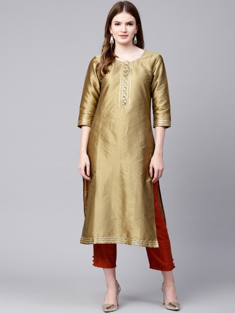 

Varanga Women Olive Green Woven Design Straight Silk Kurta