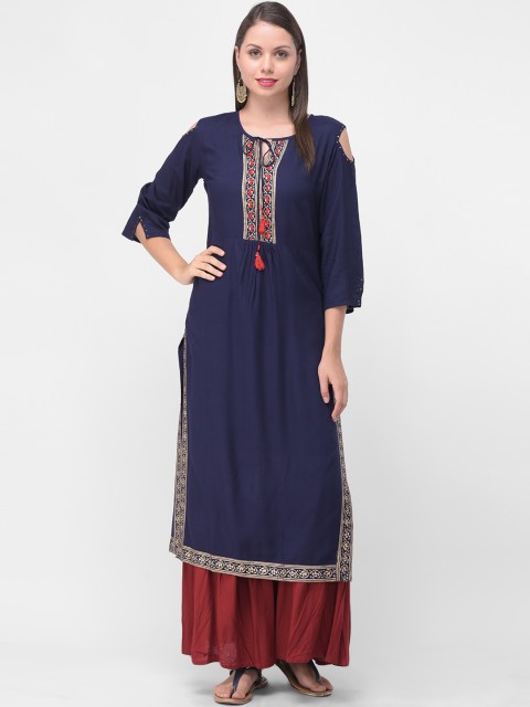 

aayusika Women Blue Foil Print Straight Kurta