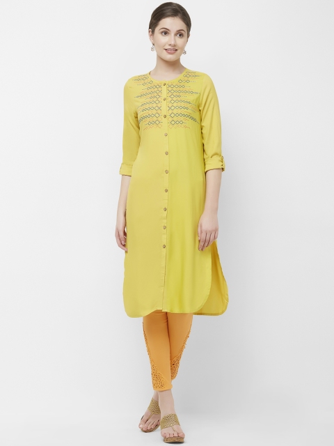 

Naari Women Mustard Yoke Design Straight Kurta