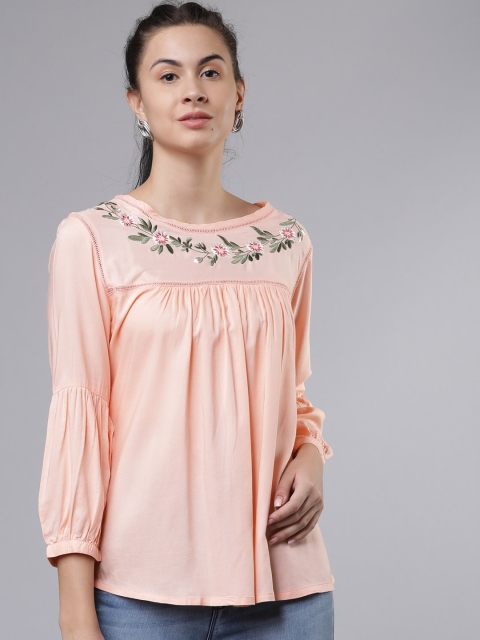Women Peach-Coloured Embroidered A-Line Top