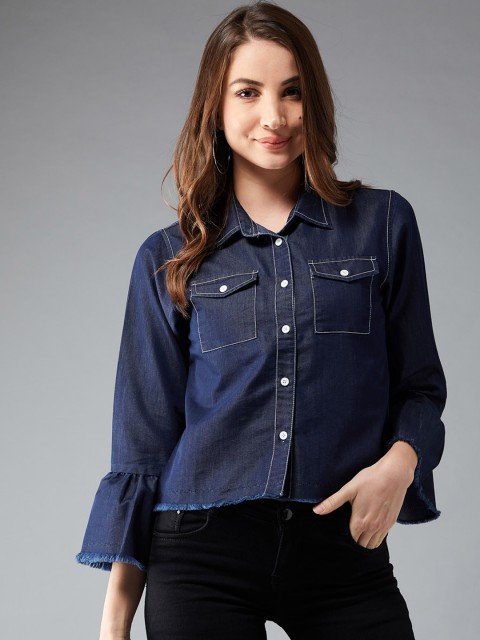 

DOLCE CRUDO Women Nayv Blue Solid Denim Jacket, Navy blue