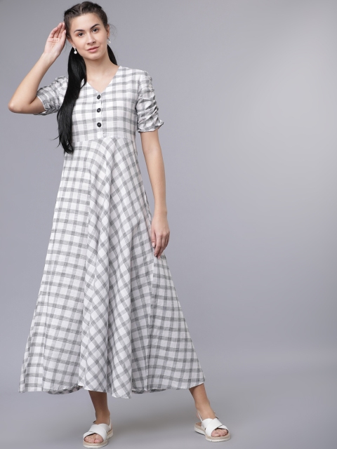 

Vishudh Women White Checked Fit and Flare Dress