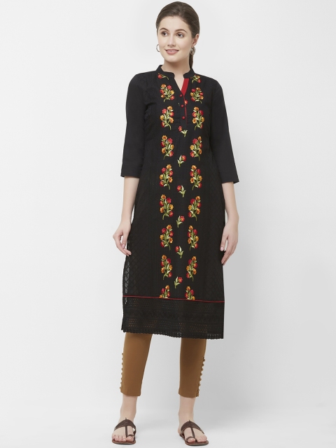 

Naari Women Black & Red Embroidered Straight Calf-Length Pure Cotton Kurta