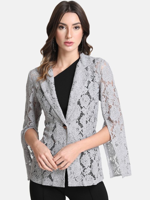 

Kazo Women Grey Self Design Regular Fit Single Breasted Casual Blazer