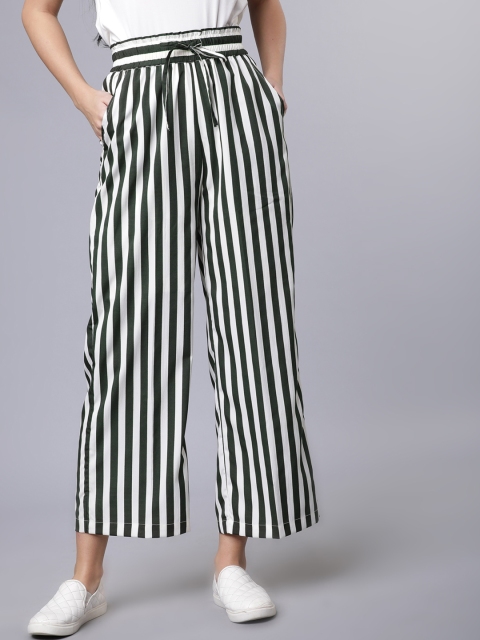 

Tokyo Talkies Women Olive Green & White Regular Fit Striped Parallel Trousers