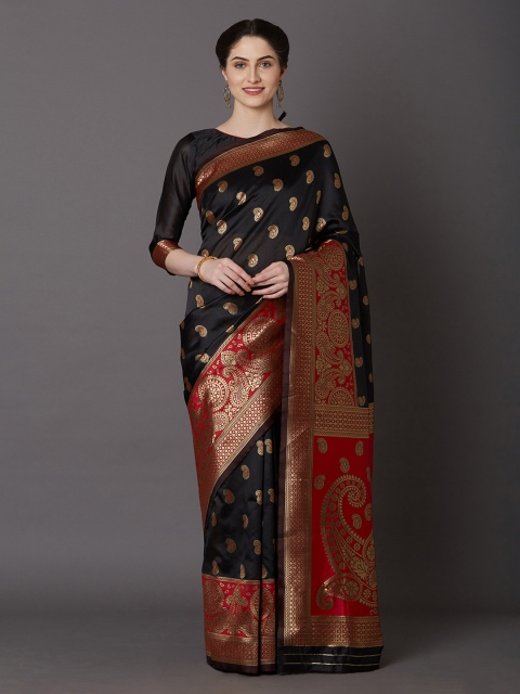 

Mitera Black & Red Silk Blend Woven Design Kanjeevaram Saree