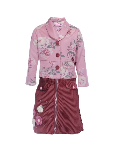 

CUTECUMBER Girls Pink & Maroon Printed Top with Skirt