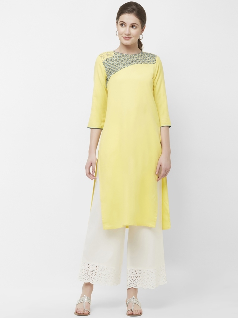 

Naari Women Yellow Embroidered Calf-Length Linolio Kurta