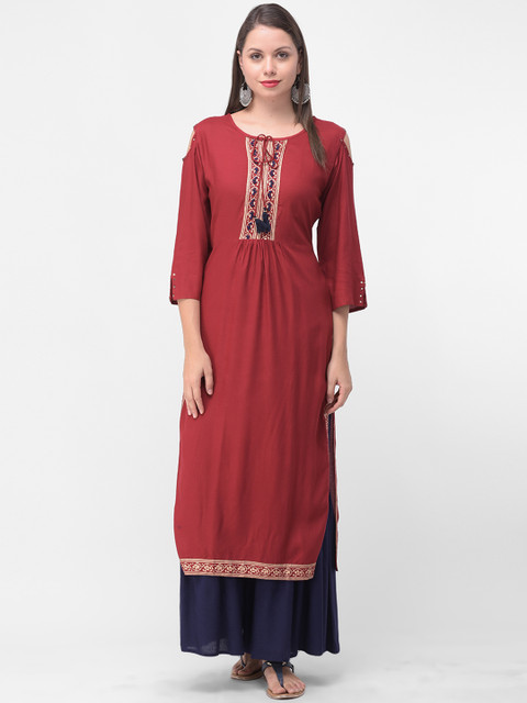 

aayusika Women Maroon Foil Print Straight Kurta