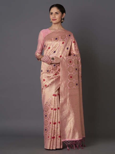 Mitera Peach-Coloured & Gold-Toned Silk Blend Woven Design Kanjeevaram Saree