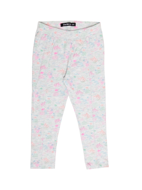 

De Moza Girls Grey Melange & Pink Printed Ankle-Length Leggings