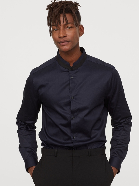 

H&M Men Navy Blue Solid Cotton Grandad Shirt Slim Fit