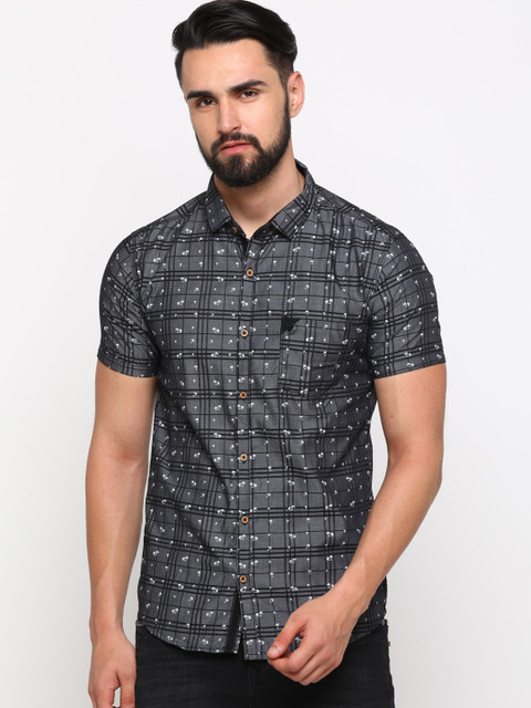 

WITH Men Black & Off-White Slim Fit Checked Casual Shirt