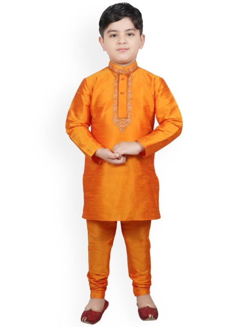 

SG YUVRAJ Boys Orange Embroidered Raw Silk Kurta with Pyjamas