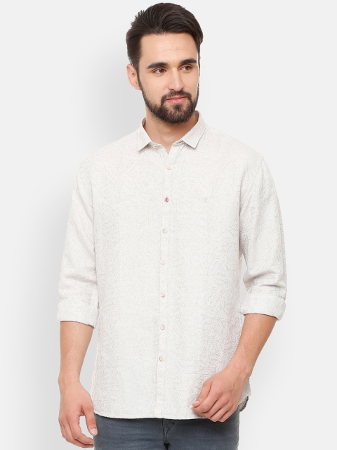 V Dot Men Beige Printed Slim Fit Casual Shirt