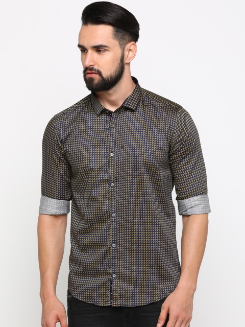 

WITH Men Navy Blue & Yellow Slim Fit Printed Casual Shirt
