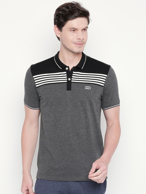 

Ajile by Pantaloons Men Grey Striped Polo Collar Pure Cotton T-shirt