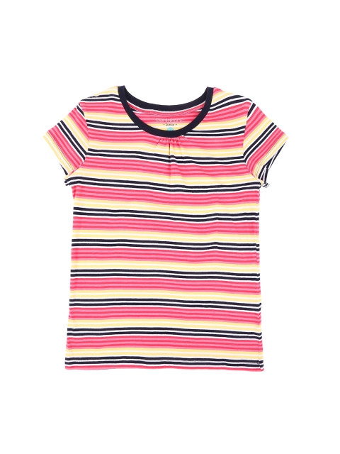 

Pantaloons Junior Girls Yellow Red Striped Round Neck Pure Cotton T-shirt