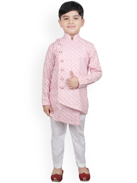

SG YUVRAJ Boys Pink & White Printed Raw Silk Kurta with Trousers