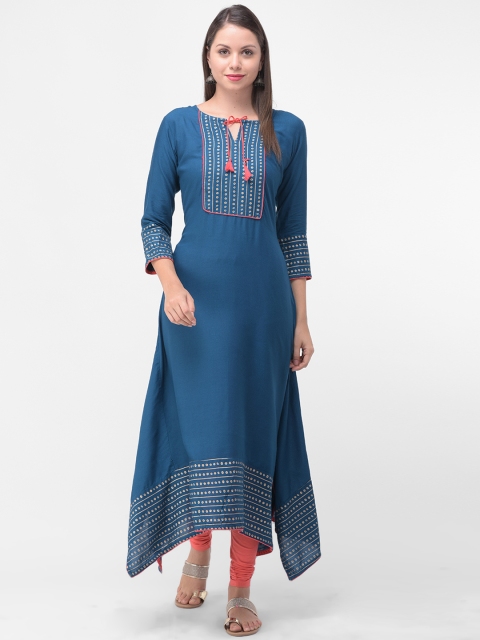

aayusika Women Blue Yoke Design Asymmetric A-Line Kurta