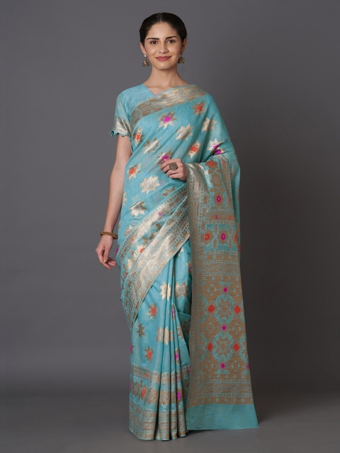 

Mitera Turquoise Blue & Gold-Toned Silk Blend Woven Design Kanjeevaram Saree