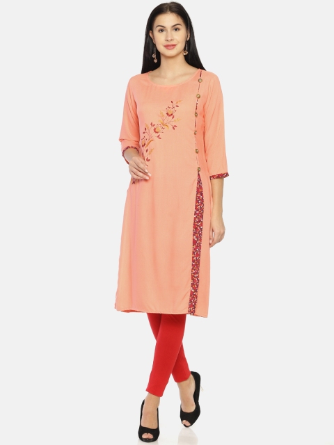 

Mytri Women Peach-Coloured Embroidered Straight Kurta