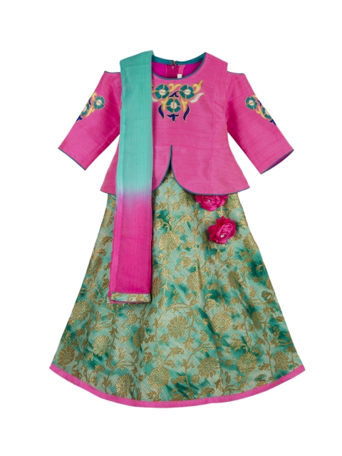 

KID1 Girls Pink & Green Embroidered Ready to Wear Silk Lehenga & Blouse with Dupatta