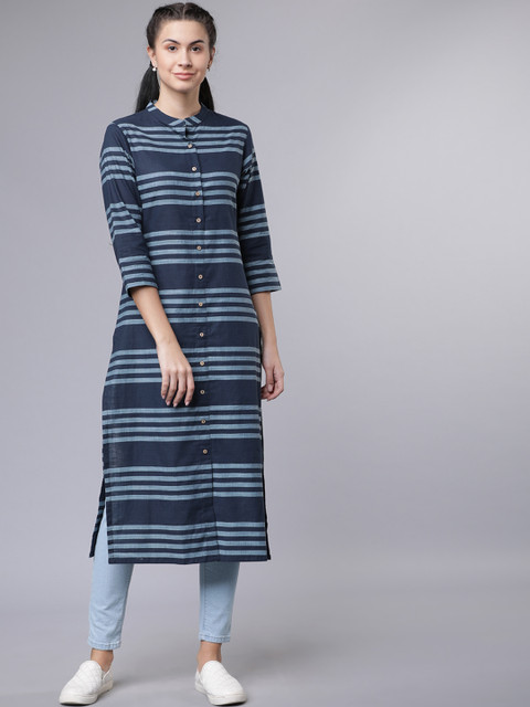 

Vishudh Women Navy Blue Striped Straight Kurta