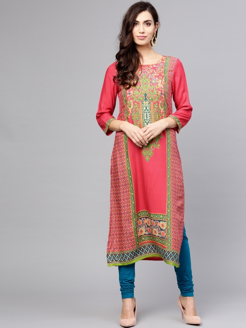 Varanga Women Coral Pink Printed Straight Kurta