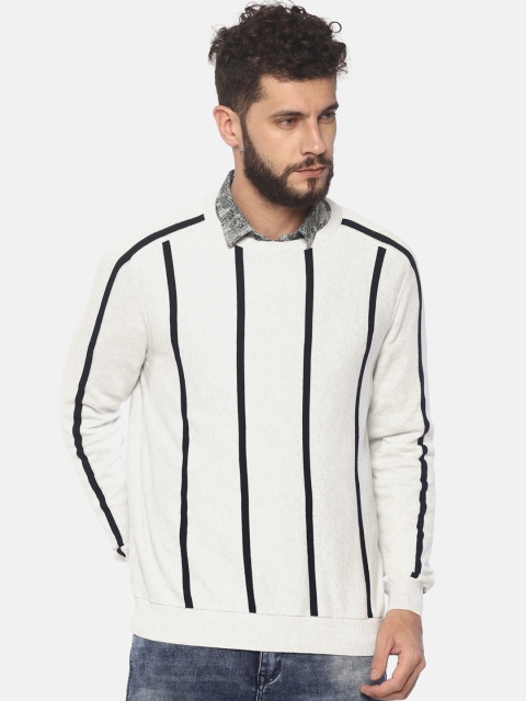 

BLACK BUCK Men White Striped Pullover Sweater
