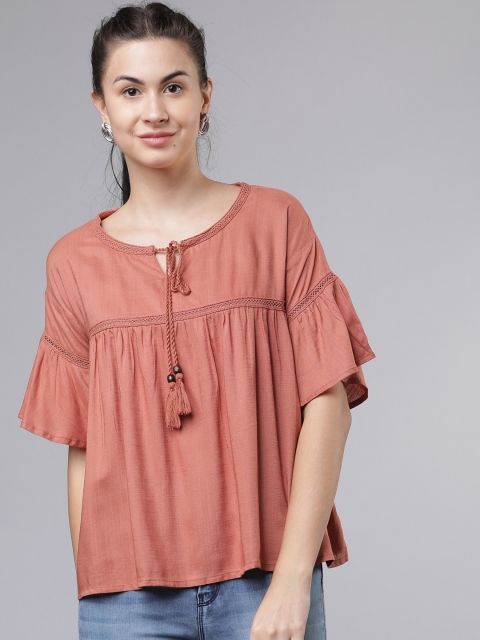

Tokyo Talkies Women Peach-Coloured Solid A-Line Top