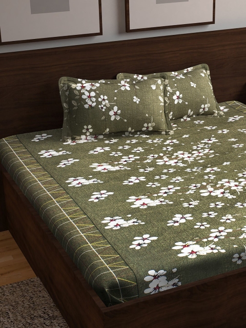 

Story@home Olive Green & Off-White 152 TC Cotton 1 King Bedsheet with 2 Pillow Covers