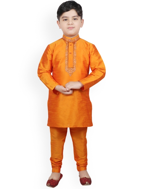 

SG YUVRAJ Boys Orange Embroidered Raw Silk Kurta with Pyjamas