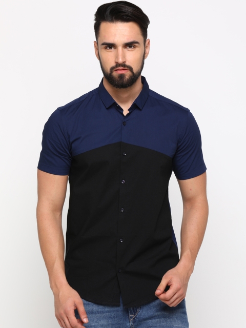 

WITH Men Navy Blue & Black Slim Fit Colourblocked Casual Shirt