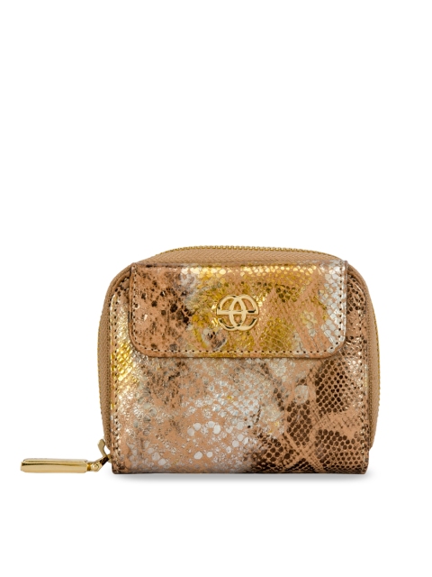 

Eske Women Gold-Toned & Beige Printed Leather Zip Around Wallet