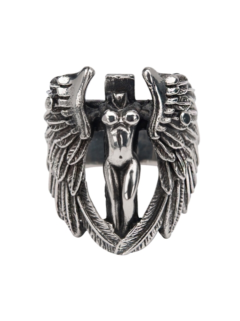 

Inox Jewelry Men Silver-Toned & Black Stainless Steel Angel-Shaped Finger Ring