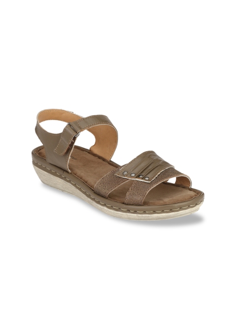 

Delize Women Olive Brown Textured Leather Open Toe Flats