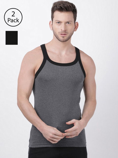 

Macroman M-Series Men Pack of 2 Solid Innerwear Vests MS902-BL-BM, Black