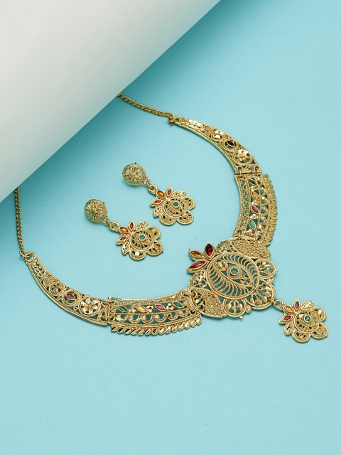 

ZeroKaata Gold-Plated & Maroon Stone Studded Ethnic Jewellery Set