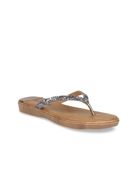 

SOLES Women Gunmetal-Toned Embellished Open Toe Flats, Metallic