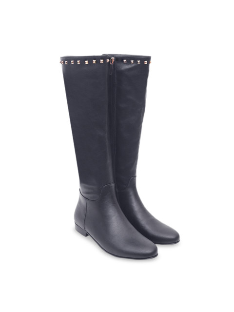 

ROSSO BRUNELLO Women Navy Blue Solid Leather High-Top Flat Boots
