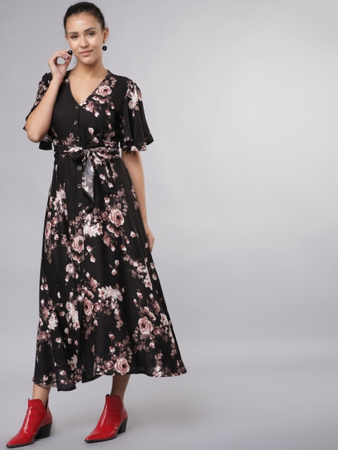 

Tokyo Talkies Women Black & Pink Printed Fit and Flare Dress